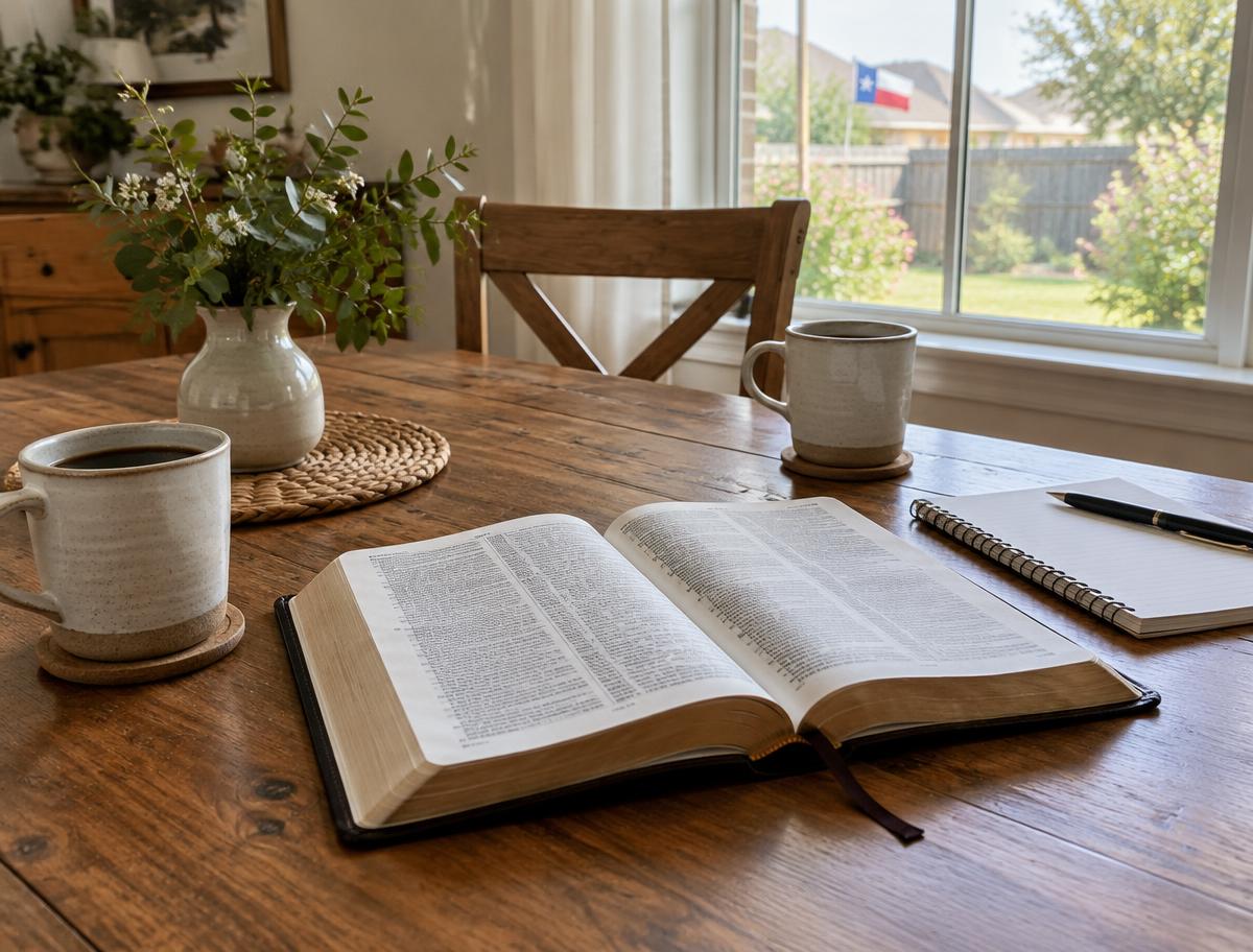 An open Bible and coffee on a home table